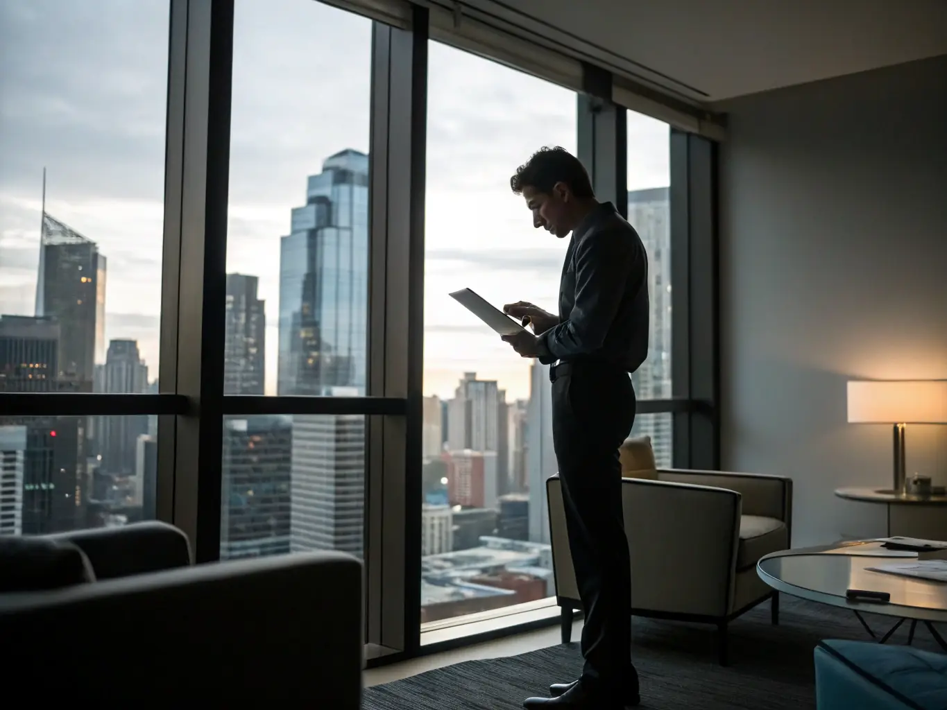 A property manager efficiently overseeing multiple properties on a tablet, showcasing the ease of use and accessibility of the AI chatbot platform.